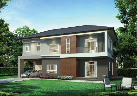 บ้าน GRANDEUR พี้นที่ใช้สอย 326 ตร.ม.* 4 ห้องนอน 4 ห้องน้ำ ที่่จอดรถ 4 คัน เพิ่มพื้นที่ความสุขด้วย Family Room ขนาดใหญ่ และ Multifunction Room ชั้นบน Pantry และ ครัวไทยแยกส่วน พร้อมห้องแม่บ้าน